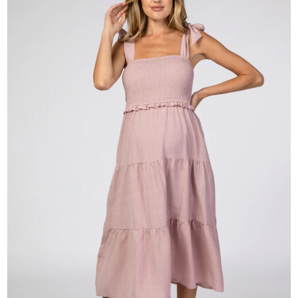 PINKBLUSH Maternity Mauve Bow Strap Tiered Maternity Midi Dress